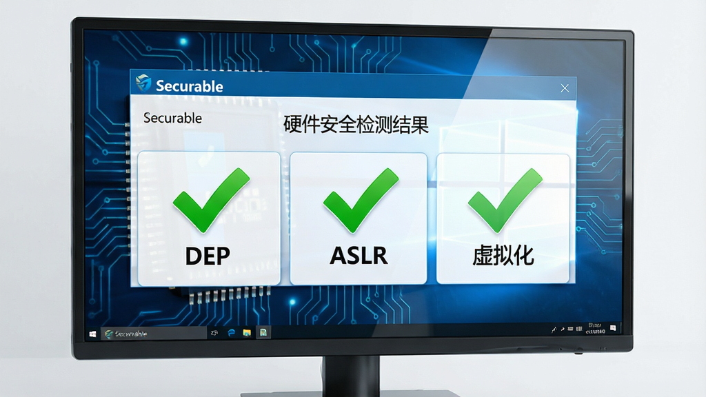 主体:一台运行中的Windows电脑屏幕上显示Securable主界面,界面中有三个醒目的绿色对勾图标分别标注“DEP”、“ASLR”、“虚拟化”;布局:主界面居中,周围有简洁的电路纹理背景;排版:界面文字清晰可读,三个功能模块水平排列;风格:科技感、简洁明亮;细节:屏幕反光效果,界面上的文字为“Securable”和“硬件安全检测结果”;画质:高清渲染,干净,无多余元素。