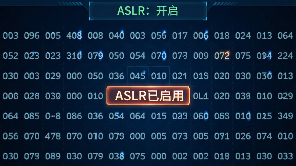 主体:一个由随机数字和字母组成的内存地址网格,其中部分地址被高亮标记为“ASLR已启用”;布局:网格占据画面主体,上方有一个状态栏显示“ASLR:开启”;排版:信息层级分明;风格:科技数据可视化风格;细节:数字闪烁效果,背景为深蓝色;画质:高清晰度,无多余杂物。