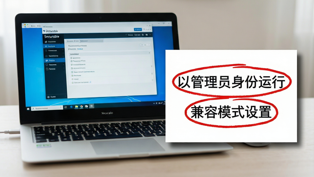 主体:一台笔记本电脑旁边放着一张操作说明卡片,卡片上写着“以管理员身份运行”和“兼容模式设置”等文字;布局:笔记本电脑位于左侧,卡片位于右侧;排版:文字清晰,重点用红色圈出;风格:实拍风格;细节:屏幕显示Securable界面,卡片有轻微阴影;画质:高清,画面干净,无多余元素。