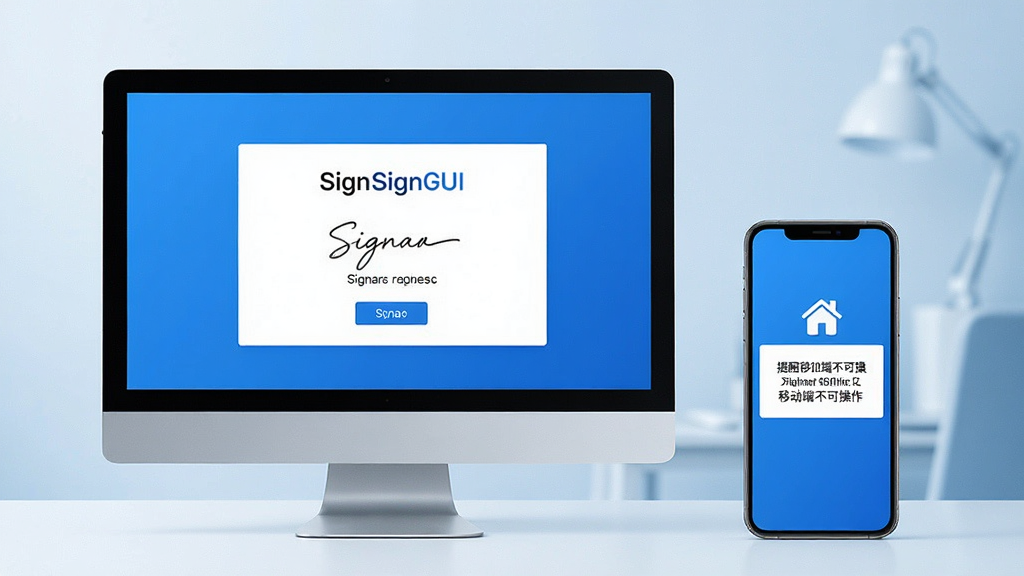 SignGUI使用环境示意图,一台电脑显示签名成功界面,旁边有手机提醒移动端不可操作,背景简洁,蓝色调,高清画质,干净无多余元素