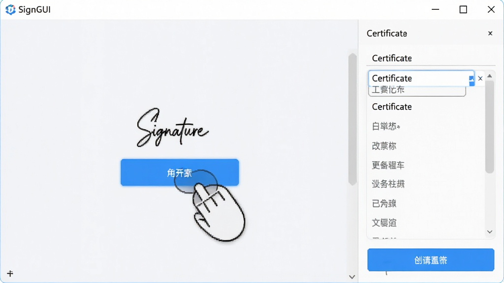 SignGUI图形界面操作演示,鼠标点击创建签名按钮,右侧属性面板显示证书选项,界面干净整洁,扁平化设计,蓝色高亮按钮,高清画质,无多余元素