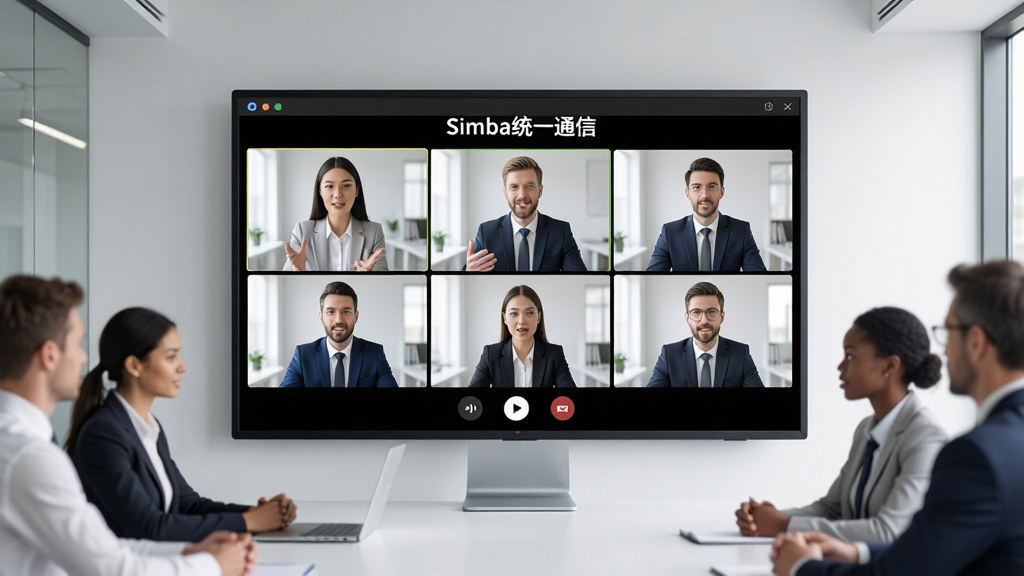 一幅展示现代企业团队使用Simba统一通信进行视频会议的场景,画面中央是一块大屏幕,屏幕上显示多个视频通话窗口,每个窗口中都有正在发言的商务人士,界面风格简洁明亮,上方有“Simba统一通信”字样,整体布局清晰,风格写实,细节丰富,画质高清,干净无多余元素