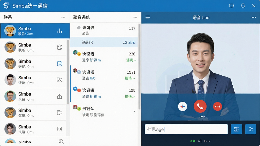 展示Simba统一通信的融合通信界面,画面左侧是联系人列表和会话列表,右侧是正在进行的语音通话窗口,底部有消息输入框和功能按钮,整体设计扁平化,色彩以蓝色和白色为主,清晰标注“Simba统一通信”名称,布局整齐,风格现代,细节精致,画质清晰,干净无多余元素
