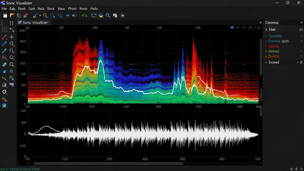 ���壺Sonic Visualiser��������չʾ�������ǲ�ɫƵ��ͼ�벨��ͼ���ӣ���Χ�й������Ͳ���������֣����������ھ��У��˵����ڶ�����״̬���ڵײ����Ű棺���������������ͼ��񣬴��ڱ���Э��������ִ��Ƽ��У���ɫ������������������ߡ�ϸ�ڣ�Ƶ��ͼ���������̽���ɫ�ʣ���������Ϊ��ɫ�������������ɼ������ʣ�������Ⱦ���ɾ����࣬�޶���Ԫ�ء�