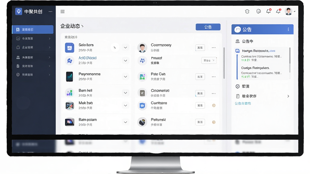 中聚共创软件主界面,展示企业动态列表与公告栏,现代商务风格,界面清爽,功能图标排列整齐,居中构图,扁平化设计,细节丰富,高画质,干净,无多余元素