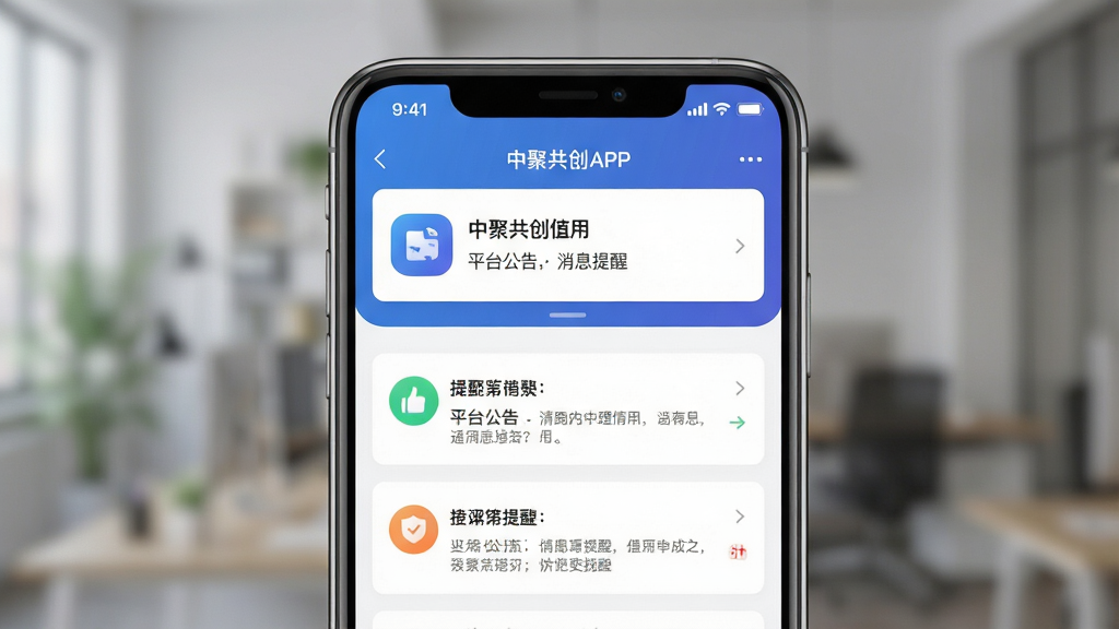 中聚共创APP通知栏界面,显示平台公告与消息提醒,图标设计精致,色彩搭配专业,界面布局清晰,手机居中展示,背景虚化,高画质,干净,无多余元素