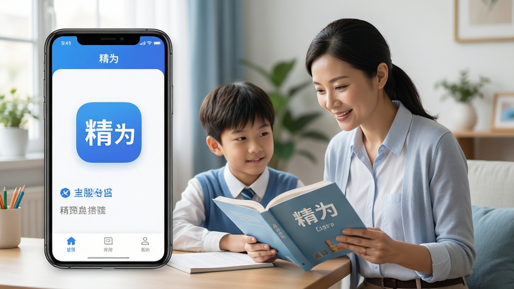 精为App是一款老师上门服务平台,主视觉展示一名教师与学生在家中互动的温馨场景,教师手持教材耐心辅导,学生认真聆听。界面风格清新自然,以蓝色和白色为主色调,突出信任与专业。画面包含手机界面元素,显示“精为”字样,布局居中,排版简洁,细节丰富,画质高清,干净无多余元素。