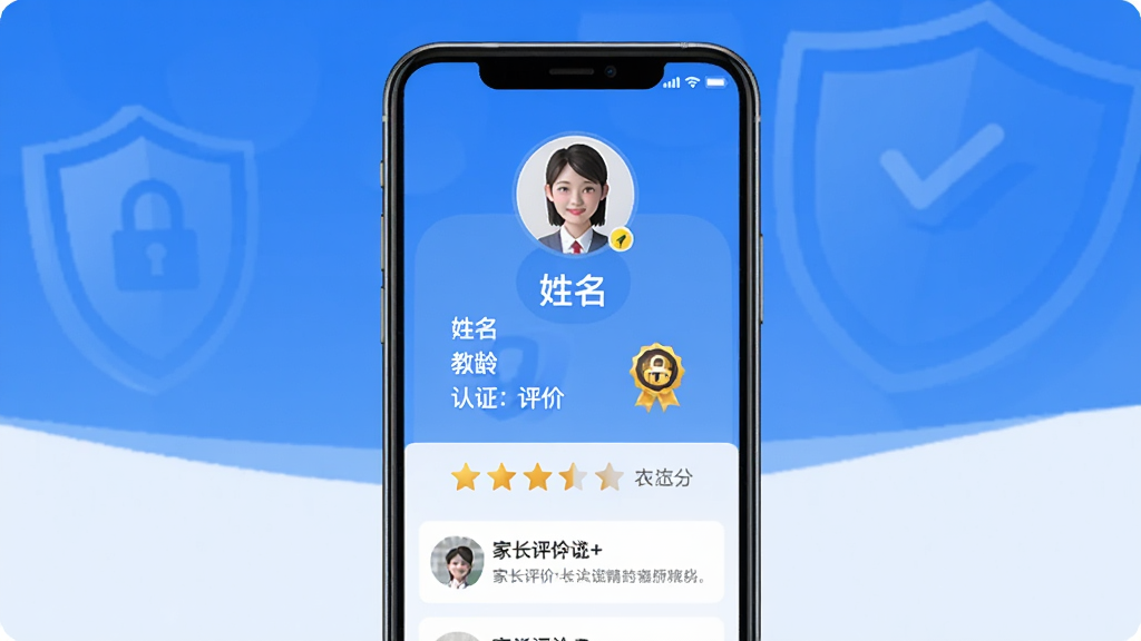 精为App实名认证功能界面,展示教师认证信息页面,包含头像、姓名、教龄、认证标识。界面风格简洁现代,以蓝色为主调,配以盾牌图标强调安全。主体为手机屏幕截图,居中布局,排版清晰,细节包含星级评分与家长评价,画质高清,干净无多余元素。
