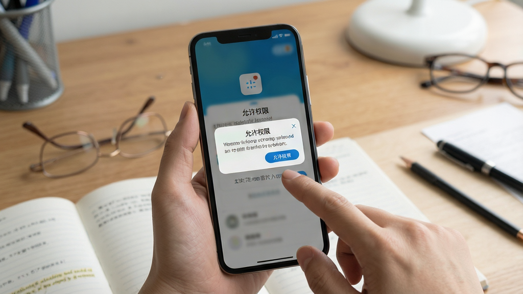 精为App使用教程场景,手机屏幕显示操作步骤,背景为书桌与学习用品。主体为手机与手部点击动作,布局清晰,风格写实,细节包含“允许权限”弹窗,画质高清,干净无多余元素。