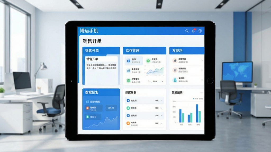 一张展示博远手机销售管理系统软件在手机和平板上运行的界面截图,界面清晰显示销售开单、库存管理、数据报表等核心功能模块,背景为现代简约的办公环境,整体色调以蓝色和白色为主,画质高清,干净整洁,无多余元素
