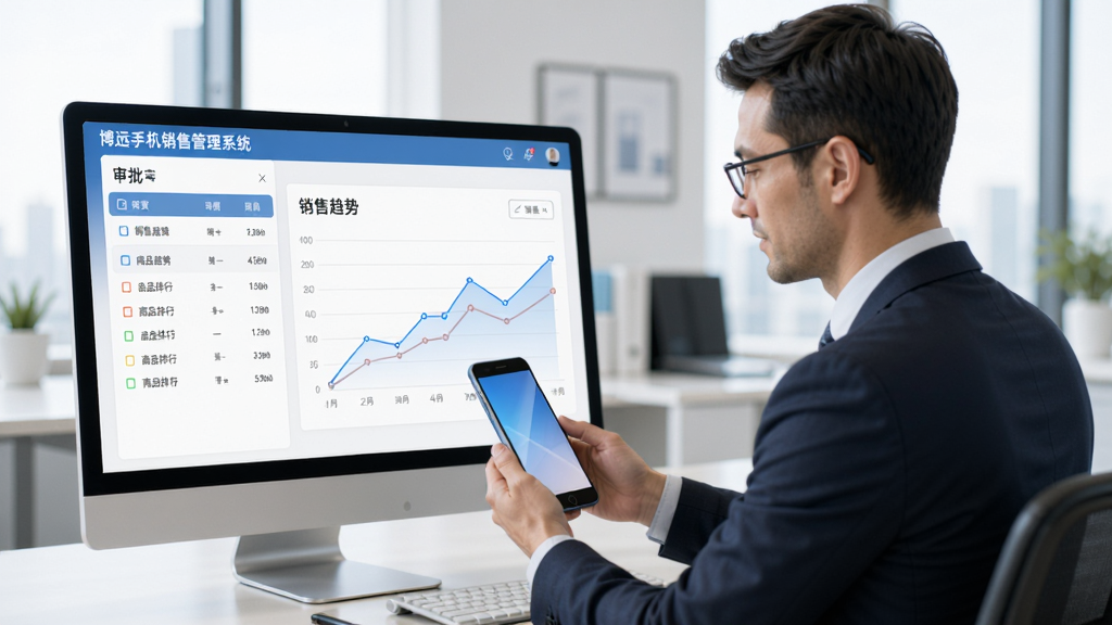 一张展示博远手机销售管理系统软件审批功能和报表图表的图片,界面包含审批列表、销售趋势折线图、商品排行柱状图,背景为办公室场景,一位管理者正在查看手机,风格商务简洁,画质高清,干净无多余元素