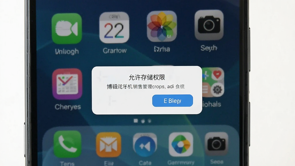 一张展示博远手机销售管理系统软件在手机上运行并弹出权限设置提示的图片,界面显示“允许存储权限”对话框,背景为手机桌面,风格简洁明了,画质清晰,干净无多余元素