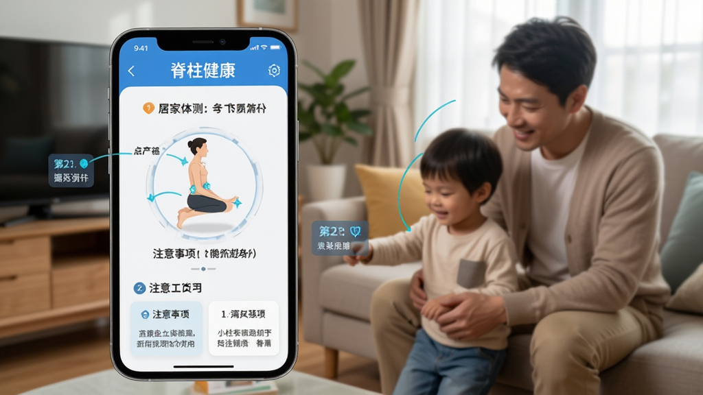 画面主体为“脊柱健康”APP的居家体测引导界面,手机屏幕显示体测动作示范动画,背景为家庭客厅,有家长和孩子互动,布局温馨,风格写实,细节标注步骤和注意事项,画质高清,无多余元素。