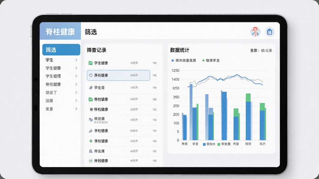 图片主体为“脊柱健康”APP的数据管理界面,平板上显示学生列表和筛查记录,左侧有筛选菜单,右侧为数据统计柱状图,背景浅灰色,排版整齐,风格商务简洁,细节突出“脊柱健康”品牌名,画质锐利干净,无多余元素。