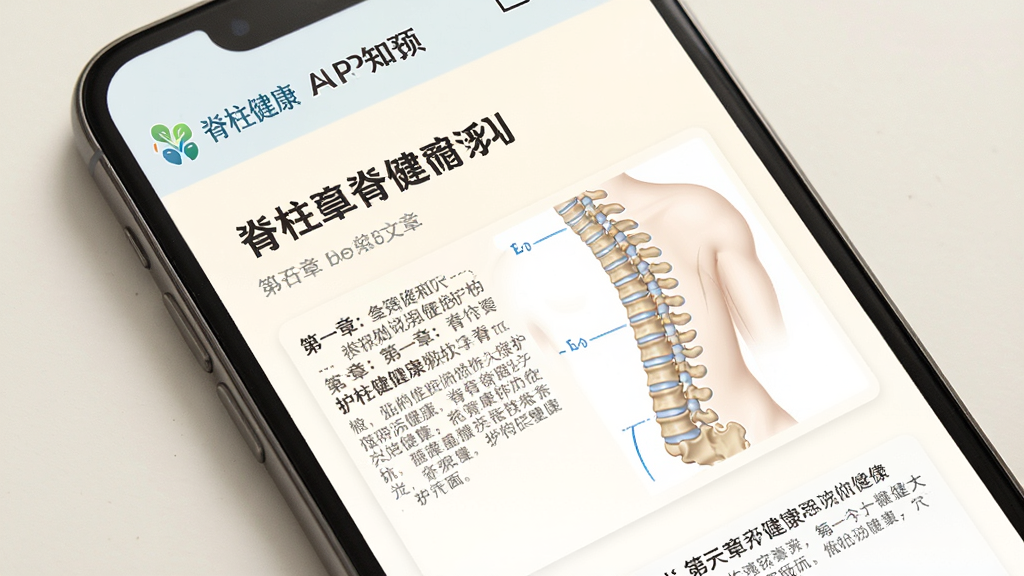 图片展示“脊柱健康”APP的科普文章页面,手机屏幕内显示图文并茂的护脊知识,配有人体脊柱示意图,背景为暖白色,排版简洁,风格教育科普,细节有“脊柱健康”logo和章节标题,画质清晰,无多余元素。