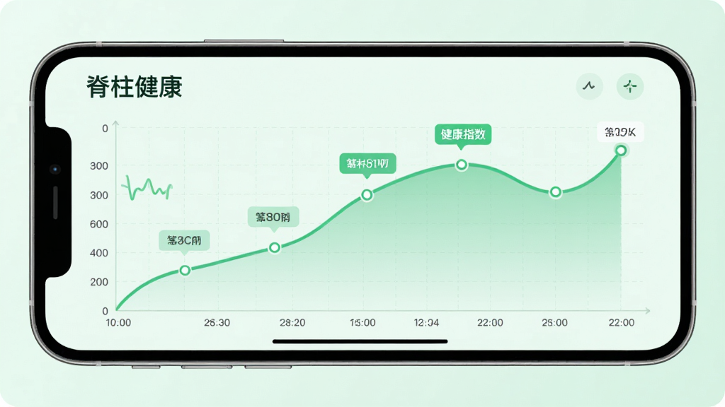 画面展示“脊柱健康”APP的体态跟踪曲线图,手机横屏显示,曲线平滑,标注关键节点,背景为浅绿色网格,左上角有“脊柱健康”字样,风格清新科技感,细节包括时间轴和健康指数,画质干净,无多余元素。