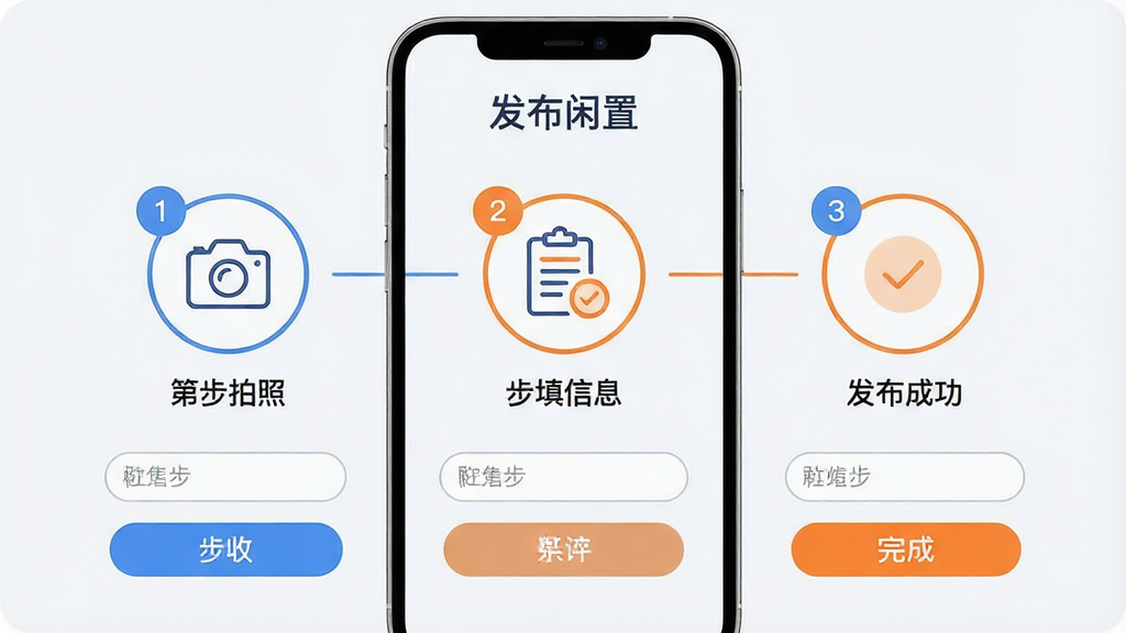主体:手机屏幕展示发布闲置物品的简易流程,分为三个步骤图标:第一步拍照,第二步填信息,第三步发布成功,每一步下方有简短文字说明。布局:屏幕中央为横向流程图,背景为浅灰白色,流程图标下方有模拟的输入框和按钮,整体采用纵向排列。排版:步骤图标采用圆形设计,内部有线性图标,文字说明清晰,颜色以蓝色和橙色为主,突出引导性。风格:简约商务风,界面干净,适合大众用户。细节:每个步骤有数字角标,发布成功步骤显示对勾图标和“完成”字样,屏幕顶部有“发布闲置”标题。画质:高清,色彩柔和,无多余元素。
