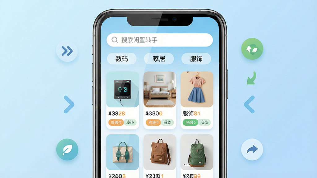 主体:手机屏幕展示二手闲置转手买卖应用界面,界面中显示各类闲置物品图片和分类标签,如“数码”、“家居”、“服饰”等,背景为柔和的浅蓝色渐变。布局:手机居中,屏幕内容清晰可见,周围有简洁的装饰元素如小箭头和圆形图标,暗示浏览和发布操作。排版:界面布局规整,上方为搜索栏,下方为商品卡片瀑布流,卡片上标有价格和成色标签。风格:扁平化现代设计,色彩明亮清新,突出环保和循环利用理念。细节:手机屏幕反光自然,卡片边缘圆润,图标精致,整体画面干净无杂物。画质:高清渲染,细节丰富,光影柔和,无多余元素。