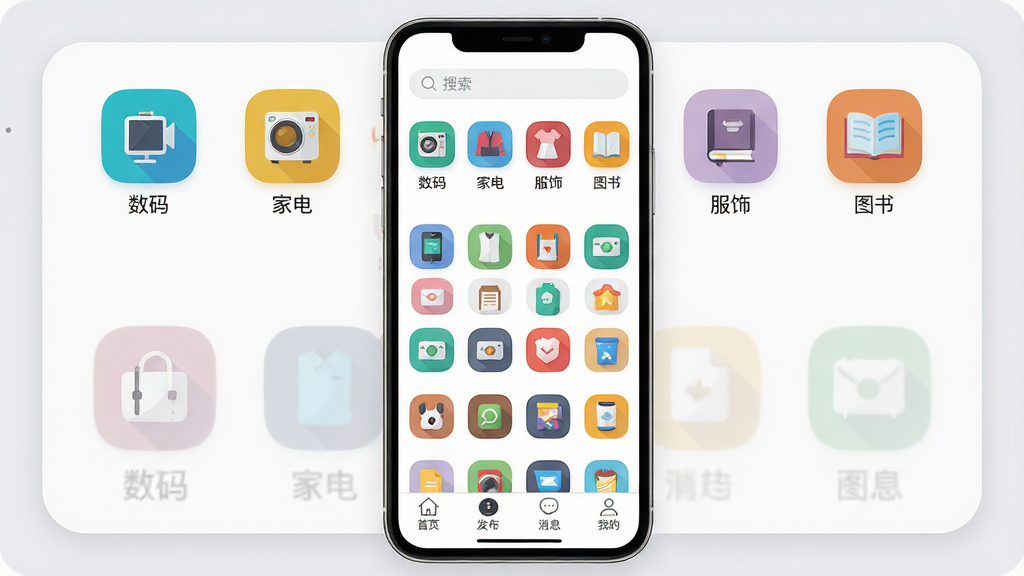 主体:二手闲置转手买卖应用内的分类页面,顶部横向排列多个类目图标,包括“数码”、“家电”、“服饰”、“图书”等,每个图标下方有对应文字标签。布局:手机屏幕占据画面中心,屏幕上方为搜索栏,下方为网格状类目图标布局,背景为白色,四周有淡灰色圆角卡片衬托。排版:图标大小均匀,间距适中,色彩各异,整体排列整齐,视觉引导明确。风格:扁平化图标设计,简洁大方,符合现代移动端界面审美。细节:图标线条流畅,颜色饱和度高,屏幕底部有“首页”、“发布”、“消息”、“我的”四个导航按钮。画质:高清,细节锐利,画面干净无噪点,无多余元素。