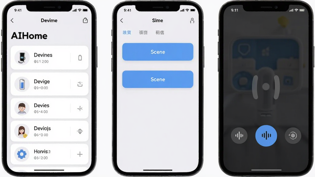 һ���ֻ�APP���������ͼչʾ��������ʾ��AIHome����ҳ�棬�����豸�б���������ť����������ͼ�꣬����Ϊǳɫ�����������ˣ������������޶���Ԫ�ء�