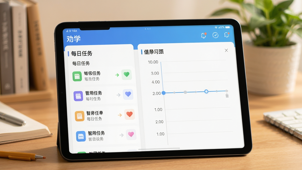 劝学APP的智能学习计划功能界面,画面为手机或平板屏幕特写,屏幕上展示着清晰的每日任务清单和时间轴规划,背景是温暖的书桌和绿植,风格简约现代,突出计划性和条理性,画质干净明亮,无多余元素,屏幕内显示“劝学”软件名称。