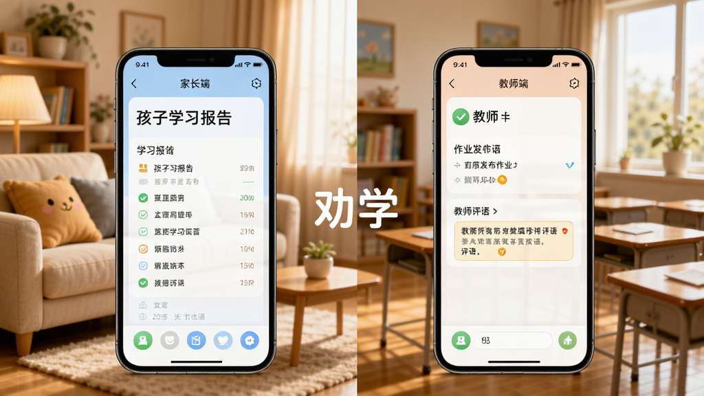 劝学APP的家校协同功能界面,画面展示家长端和教师端两个手机屏幕的对比,左边显示孩子的学习报告,右边显示教师发布的作业和评语,背景为温馨的客厅和教室场景,风格温馨和谐,画质清晰,无多余元素,图中标注“劝学”。