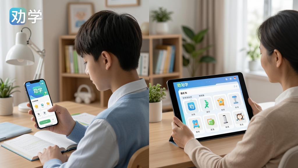 展示劝学APP在手机和平板上的使用场景图,左边是学生使用手机学习的画面,右边是家长在平板上查看报告的界面,背景为整洁的家庭学习环境,风格自然真实,画质清晰,图中包含“劝学”软件名称。