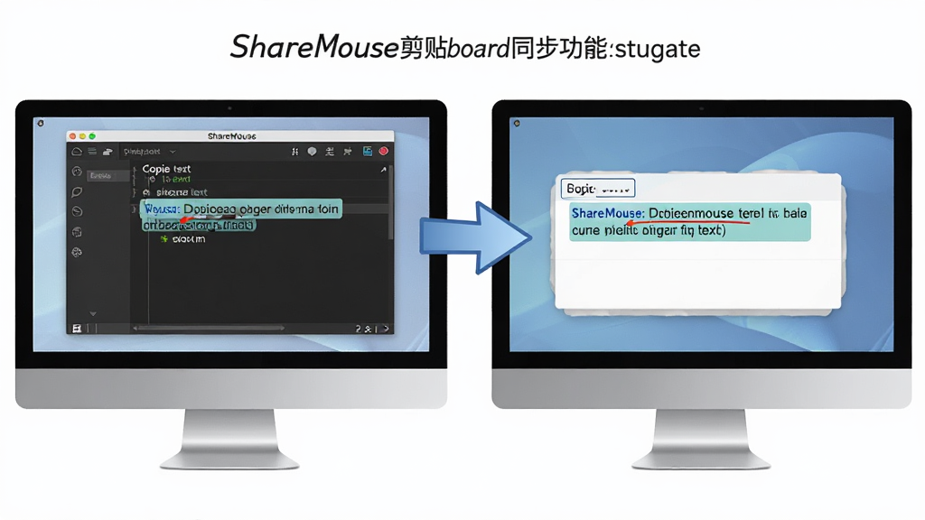 ShareMouse剪贴板同步功能展示,主体是两台电脑屏幕,左侧屏幕中有一个复制文本的编辑器窗口,右侧屏幕中粘贴出相同内容,布局清晰,风格简洁,细节包括剪贴板内容的高亮标识和同步箭头,画质干净,无多余元素