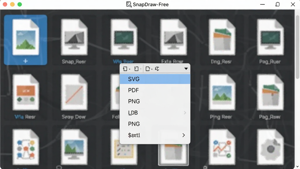SnapDraw-Free文件格式支持示意图,屏幕中央显示导出选项下拉菜单,包含SVG、PDF、PNG等格式,背景有图形文件缩略图,界面清晰,专业感强,画质干净