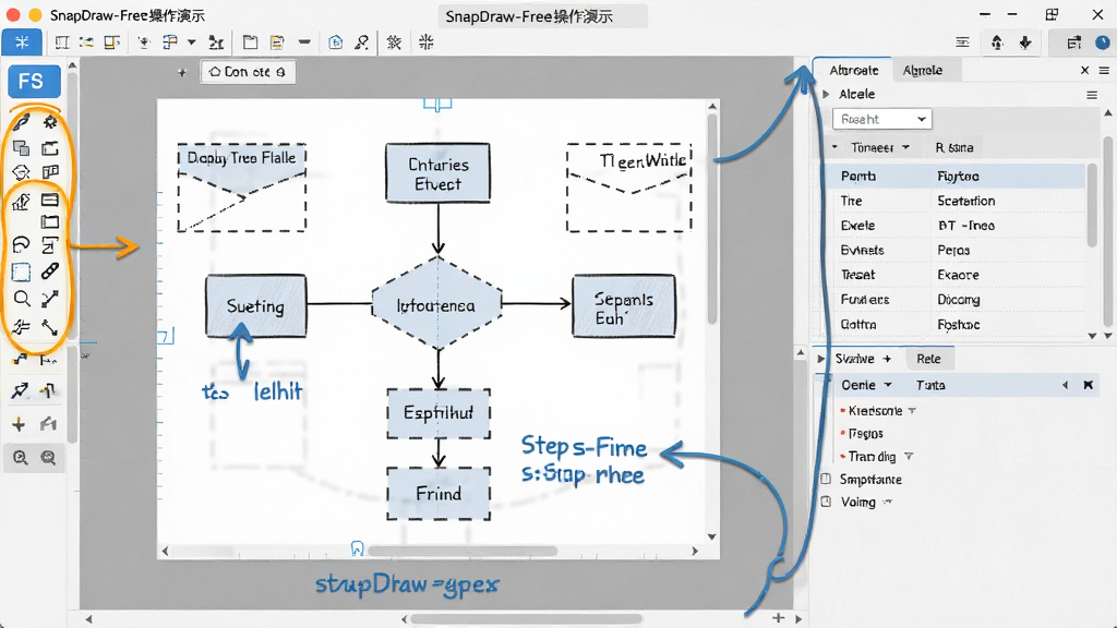 SnapDraw-Free操作演示截图,屏幕显示正在编辑一个流程图,左侧工具栏高亮,右侧属性面板展开,界面清晰,步骤指示明显,画质干净,无多余元素