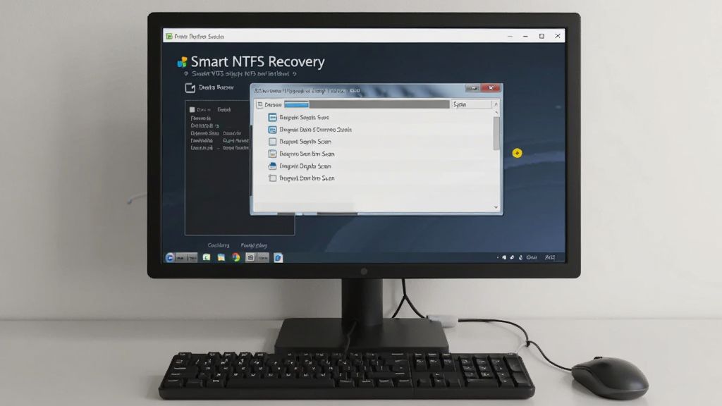 一张展示Smart NTFS Recovery在电脑上运行的实拍图,画面中电脑屏幕显示软件主界面,正在进行深度扫描,键盘与鼠标清晰可见,桌面整洁,光线明亮,画质干净无多余元素。