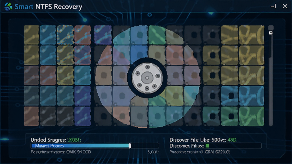 一张展示Smart NTFS Recovery深度扫描过程的动态示意图,画面中央为磁盘扇区图谱,不同颜色标记已扫描与待扫描区域,下方显示实时进度条与已发现文件数量,背景为深蓝色科技感界面,画质细腻干净。
