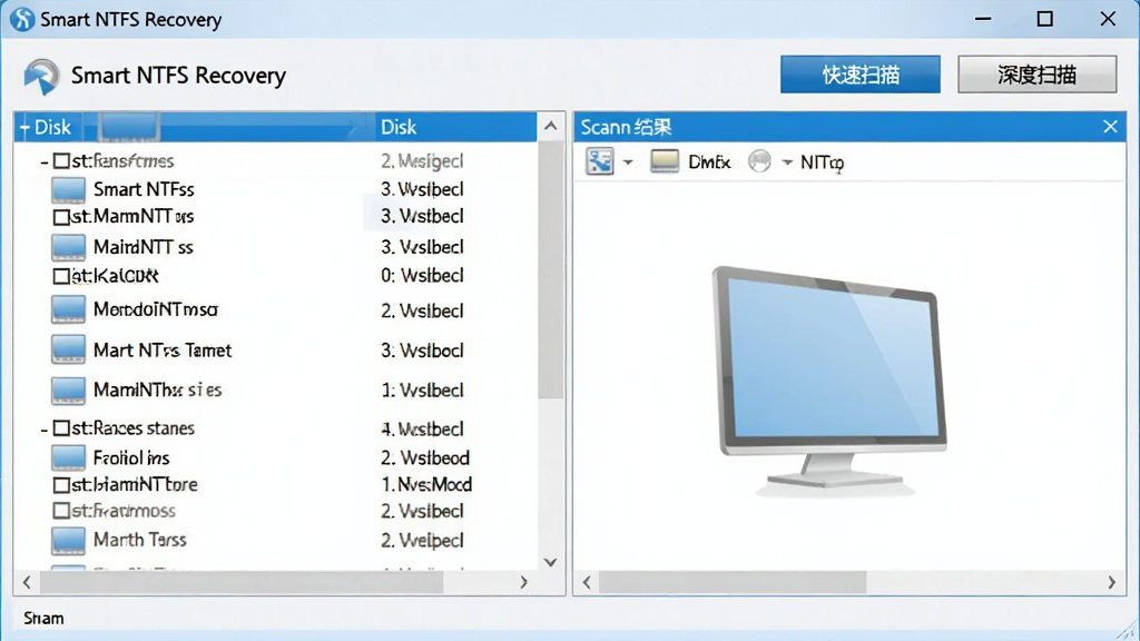 一张展示Smart NTFS Recovery主界面的高清截图,界面左侧为磁盘分区列表,右侧为扫描结果预览窗口,顶部有“快速扫描”和“深度扫描”按钮,整体布局简洁明了,色调以蓝色和白色为主,画质清晰,干净无多余元素。