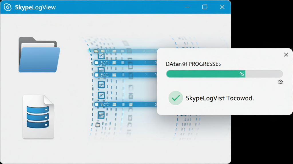 主体为SkypeLogView软件的数据解析过程示意图,界面左侧显示文件夹图标和数据库文件,右侧弹出解析进度条和成功提示,背景为浅灰色,布局清晰,排版直观,风格为简洁科技感,细节包括数据条目的动态滚动效果,画质高清,干净无多余元素