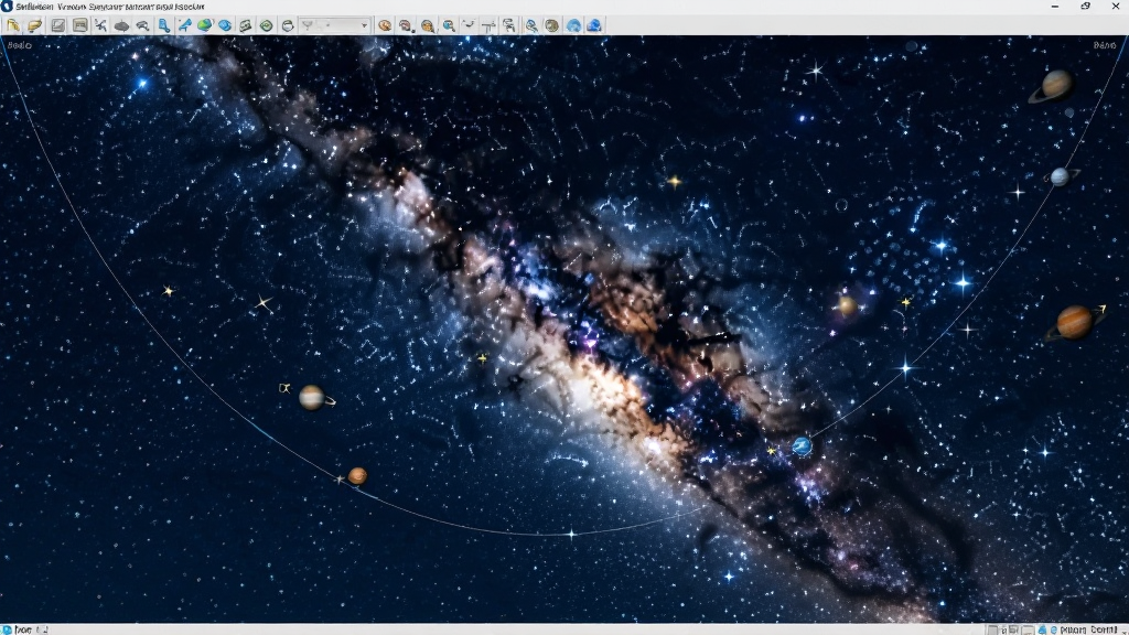 虚拟天文馆(Stellarium)软件展示高精度星空模拟效果,画面中央为璀璨银河,周围恒星清晰可辨,行星位置标注准确,背景为深邃蓝色,整体画面干净,画质细腻。