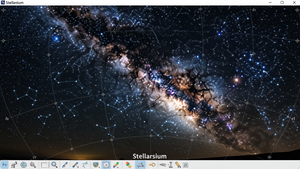 虚拟天文馆(Stellarium)软件主界面,展示繁星点点的夜空,银河清晰可见,界面下方有工具栏和星座连线,整体风格写实且科技感十足,画面干净无多余元素,画质高清。