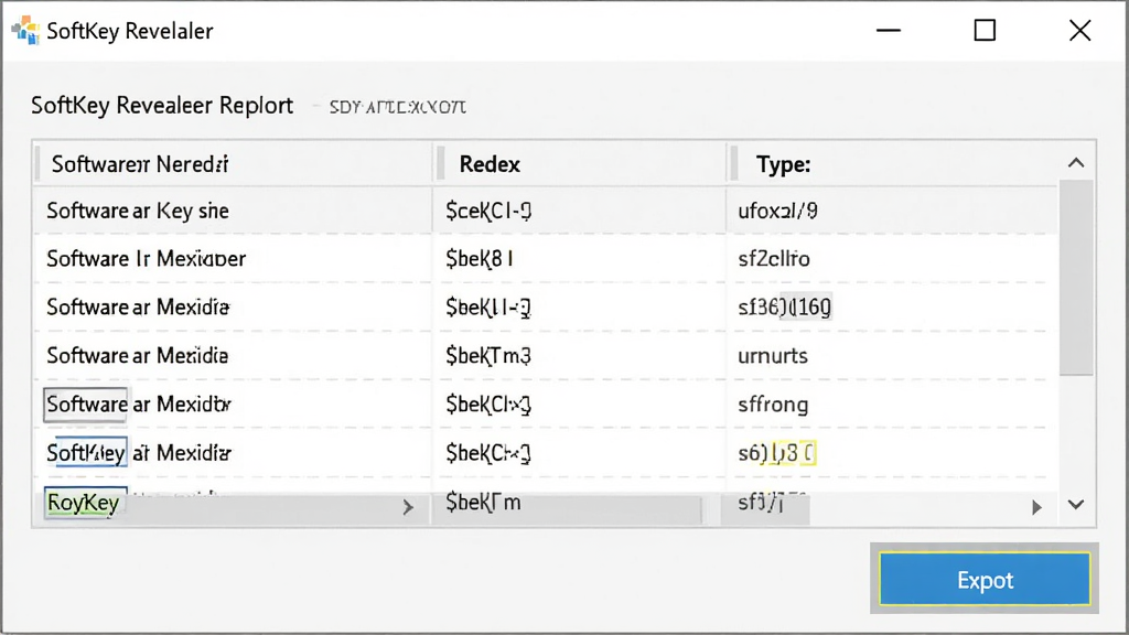 SoftKey Revealer导出报告时的预览窗口,显示表格形式的密钥列表,包含软件名、密钥、类型列,界面清爽,导出按钮高亮,整体风格商务化,画质干净