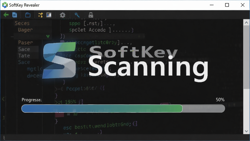SoftKey Revealer软件扫描注册表时的动态界面,进度条显示扫描百分比,背景为深色代码风格,突出软件Logo与