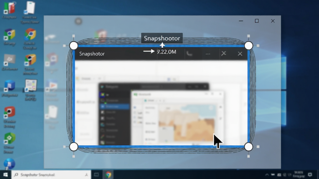 主体:Snapshotor 软件的区域识别功能演示,显示一个高亮矩形框自动吸附在窗口边缘;布局:截图为电脑桌面背景,中央有一个被选中的窗口,四周有半透明遮罩;排版:选中区域有蓝色边框和四个角控制点,顶部有尺寸提示;风格:写实风格,色彩自然;细节:窗口边缘有磁吸线效果,鼠标指针变为十字形;画质:清晰,干净,无多余元素