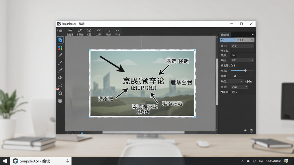 主体:Snapshotor 软件运行在电脑桌面上的场景,显示截图编辑界面;布局:桌面背景为简约风格,截图编辑窗口居中,周围有工具栏和属性面板;排版:编辑窗口显示一张示例图片,上面有箭头和文字标注;风格:写实风格,光线柔和;细节:任务栏显示 Snapshotor 图标,窗口标题为“Snapshotor - 编辑”;画质:高清,干净,无多余元素