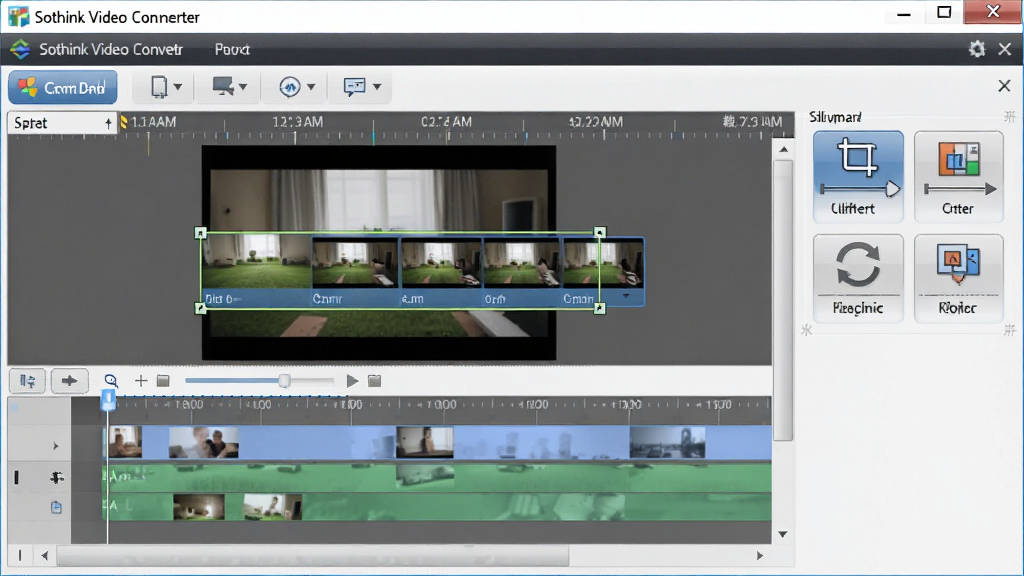 展示硕思视频转换器(Sothink Video Converter)的视频编辑面板,时间轴上的视频片段被选中,右侧有裁剪、旋转、水印等工具按钮,界面布局清晰,色彩柔和,突出编辑功能的实用性,画质细腻,无多余元素。