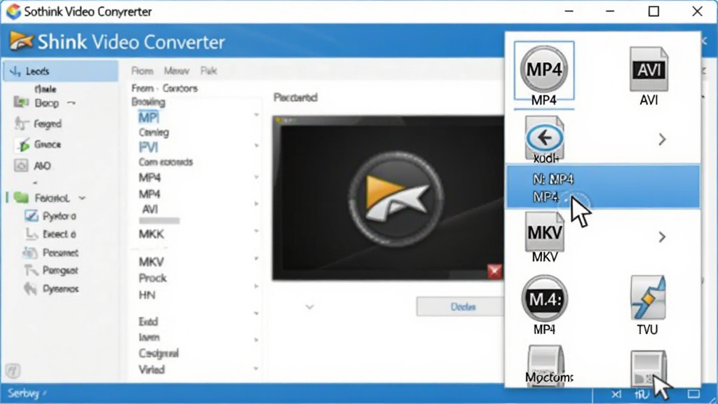 展示硕思视频转换器(Sothink Video Converter)的格式选择界面,右侧弹出列表包含MP4、AVI、MKV等常见格式图标,背景为软件主界面,鼠标悬停在MP4选项上,界面高亮显示,整体风格干净明亮,突出功能选项的丰富性,画质清晰,无多余元素。