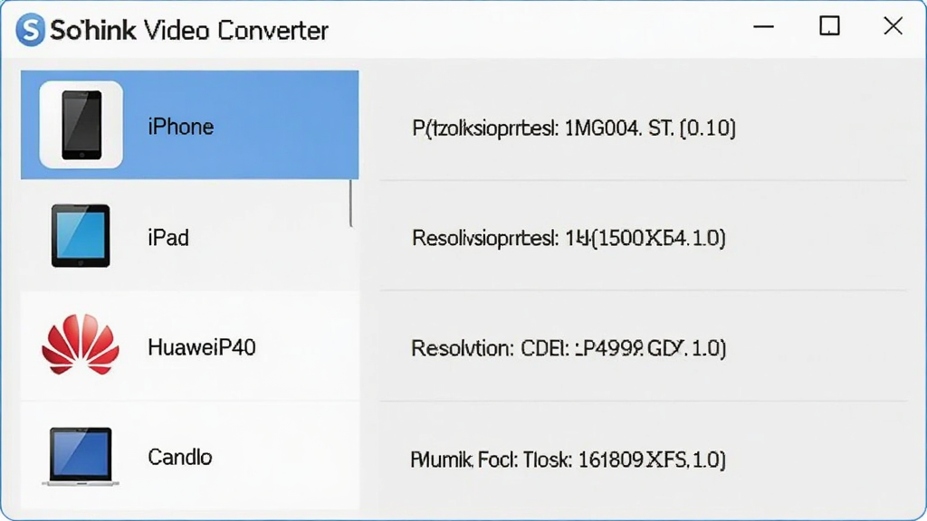展示硕思视频转换器(Sothink Video Converter)的设备预设界面,左侧列表有iPhone、iPad、华为P40等图标,右侧显示对应的分辨率参数,界面简洁,图标精致,背景为淡灰色,整体风格商务,突出设备适配的便捷性,画质干净清晰。