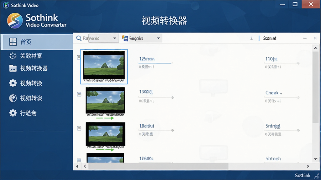画面中央展示硕思视频转换器(Sothink Video Converter)的主界面,界面布局清晰,左侧为功能导航栏,右侧为视频文件列表,整体采用深蓝色与白色搭配的现代简约风格,软件LOGO位于左上角,窗口上方显示“视频转换器”字样,画质细腻,光线柔和,干净无多余元素。