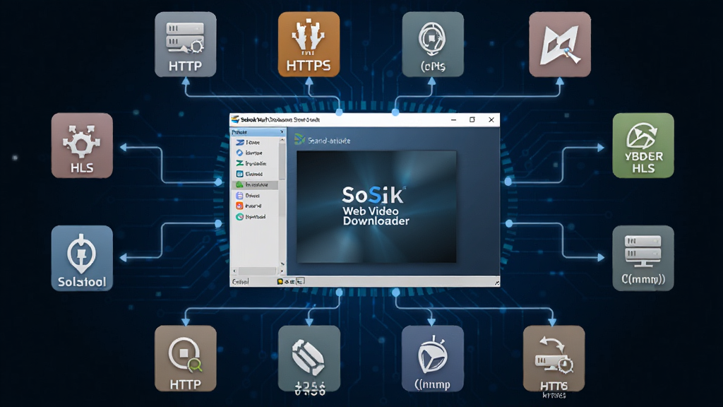 一张展示Sothink Web Video Downloader Stand-alone解析多协议视频流的示意图,画面中央为软件窗口,周围环绕着各种协议图标,如HTTP、HTTPS、HLS等,线条连接至软件,背景为深蓝色科技感,画质清晰,排版整洁,干净无多余元素