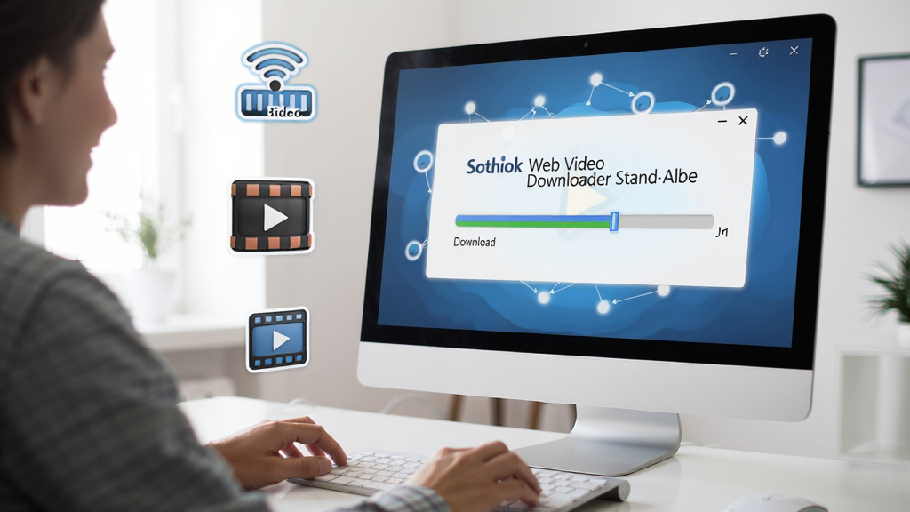 一张展示用户在电脑前使用Sothink Web Video Downloader Stand-alone下载视频的场景,屏幕显示下载进度条,周围有网络图标和视频文件图标,风格写实,光线明亮,画质高清,细节丰富,干净无多余元素