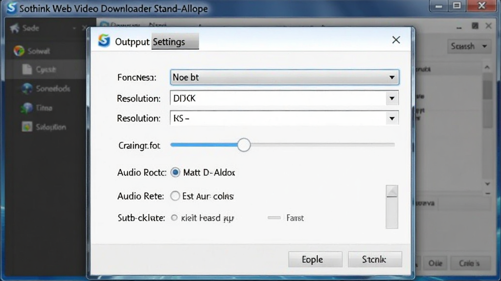 展示Sothink Web Video Downloader Stand-alone的输出设置面板截图,面板中包含格式选择下拉菜单、分辨率滑块、音频码率选项等,背景为软件设置界面,风格简洁明了,画质高清,细节丰富,干净无多余元素