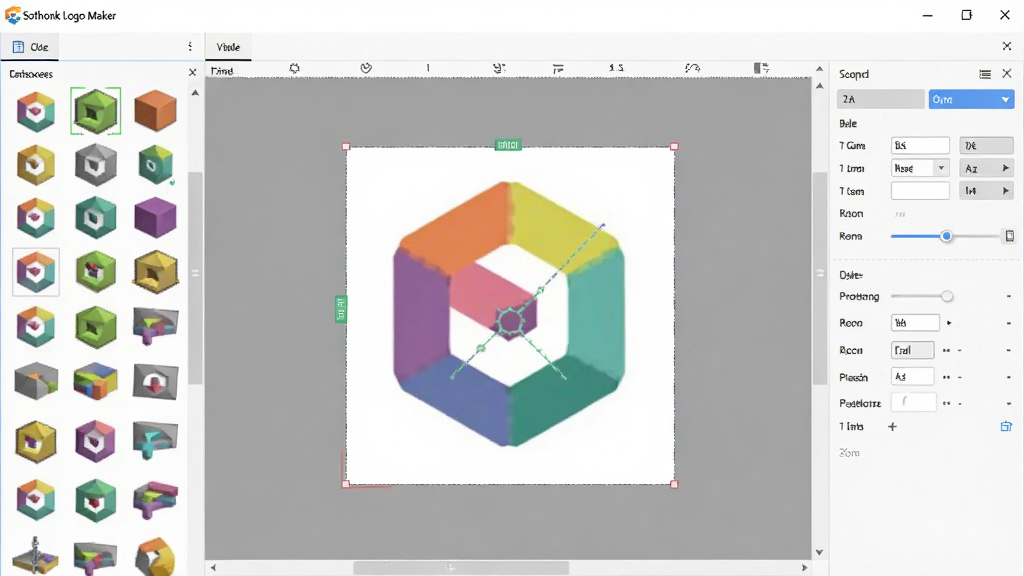 一幅展示Sothink Logo Maker主界面的高清预览图,界面中央是一块画布,画布上有一个正在编辑的彩色几何Logo,左侧是素材库面板,右侧是属性调节面板,整体布局清晰,风格现代简约,画质干净,无多余元素,文字标注