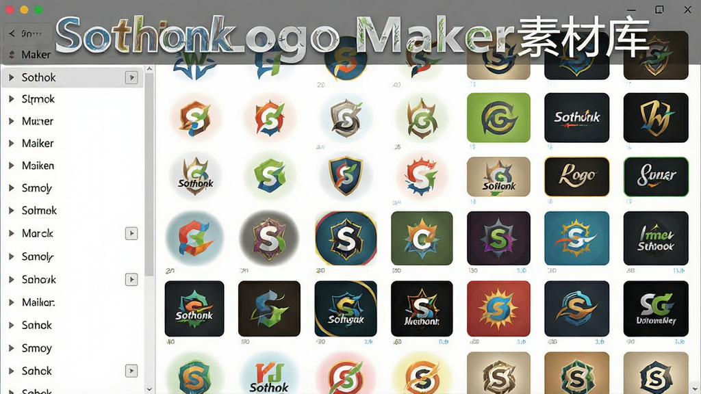 一张展示Sothink Logo Maker素材库的截图,左侧是分类列表,右侧以网格形式展示各种矢量图标与Logo模板,风格清新,色彩丰富,细节清晰,画质干净,无多余元素,文字标注