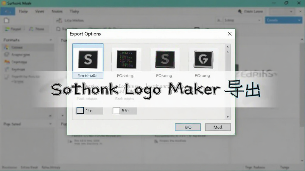 一张展示Sothink Logo Maker导出选项的截图,弹出窗口中有多种格式选择,背景为软件主界面,风格简洁,画质干净,无多余元素,文字标注